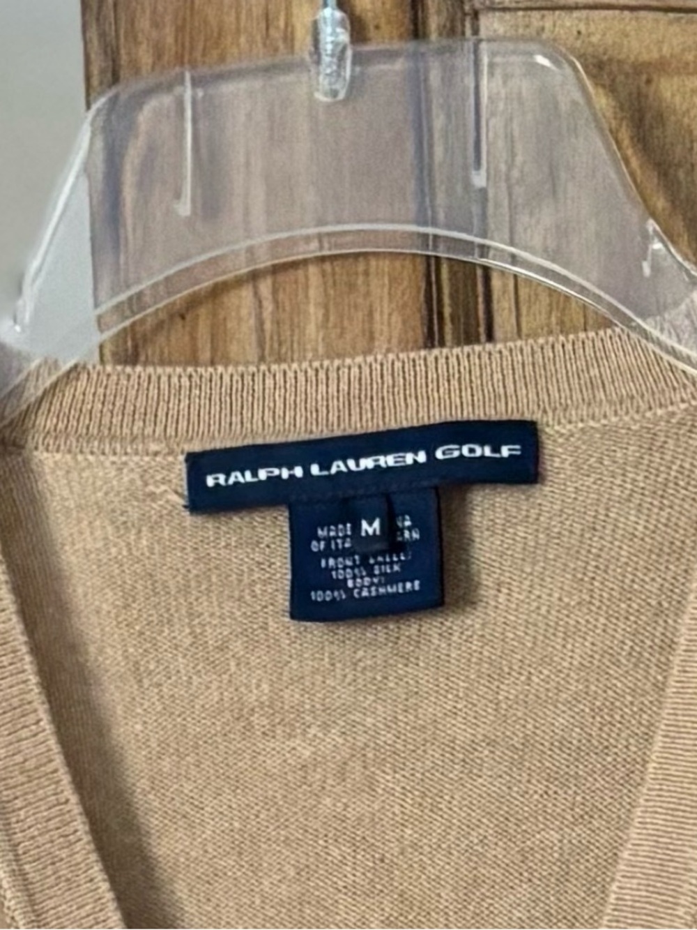 Ralph Lauren Tan Cashmere Cardigan Sweater with Silk Golf-Print front panels - Picture 3 of 3